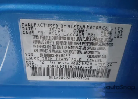 2024 Nissan Sentra Sv Xtronic Cvt z USA, uszkodzony, nr VIN 3N1AB8CV8RY351216